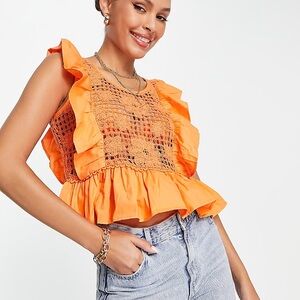 #145 RIVER ISLAND Orange Crochet and Ruffle Sleeveless Top Sz. 2 vacation top